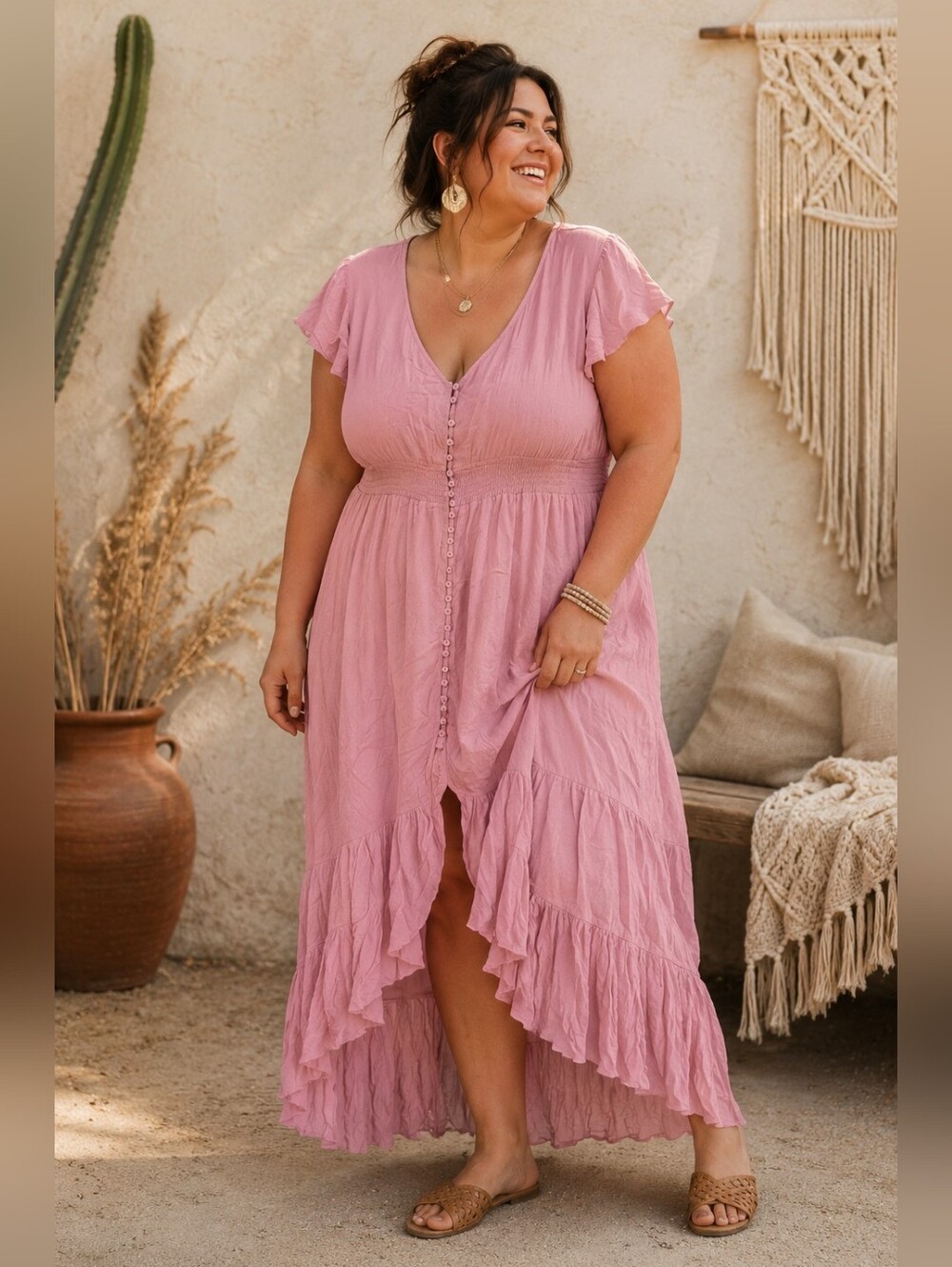 Sweet Lovely NEW: Plus Size 3x (2x Fit) Pink Button-Front High-Low Maxi Dress